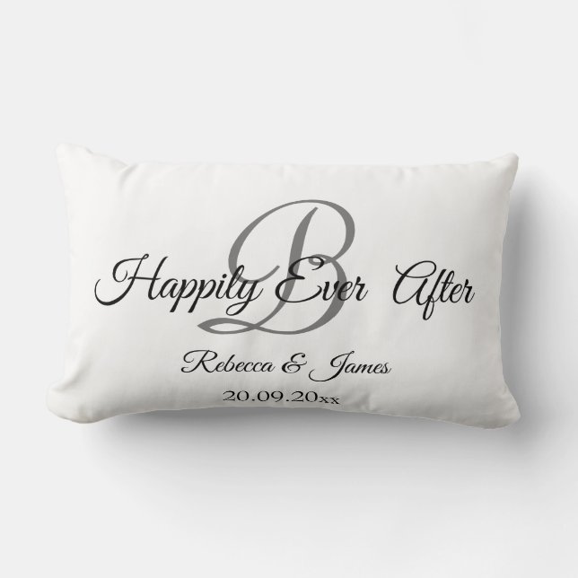 White Elegant Monogrammed Happily Ever After Lumbar Pillow (Front)