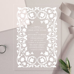 White Elegant Ornate Floral Frame Wedding Acrylic Invitations