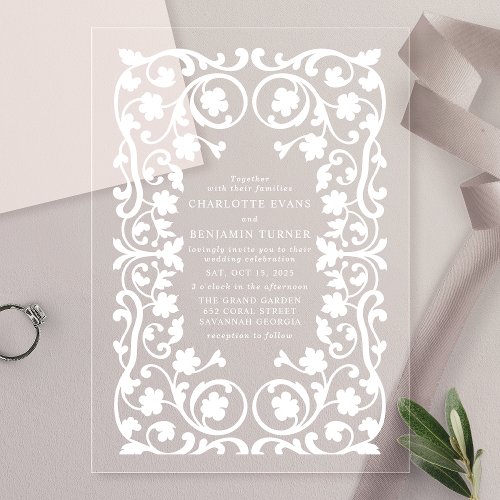 White Elegant Ornate Floral Frame Wedding Acrylic Invitations