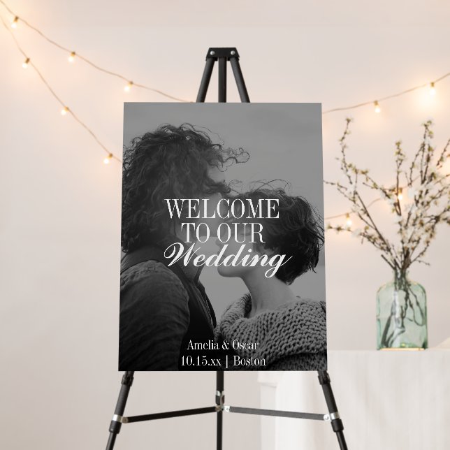 White Elegant Photo Overlay Wedding Welcome Sign (In Situ (Stand))