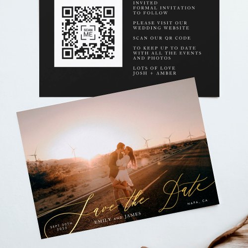 White Elegant Photo QR Code Gold Save The Date Foil Invitation