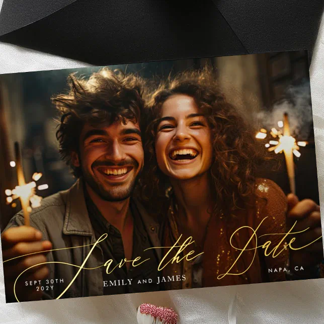 White Elegant Photo The Wedding Gold Save The Date Foil Invitation
