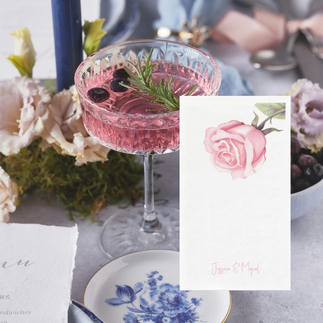 White Elegant Pink Rose Personalized Names Paper Guest Towels (Creator Uploaded)