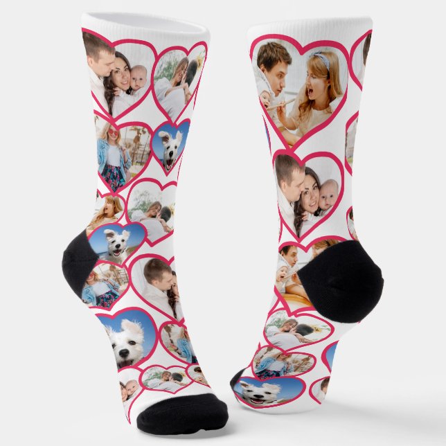 White Elegant Red Heart Pattern | 5 Photo Collage Socks (Angled)