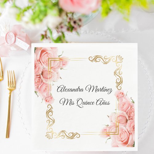 White Elegant Rose Flower Gold Quincea&#241;era Napkins