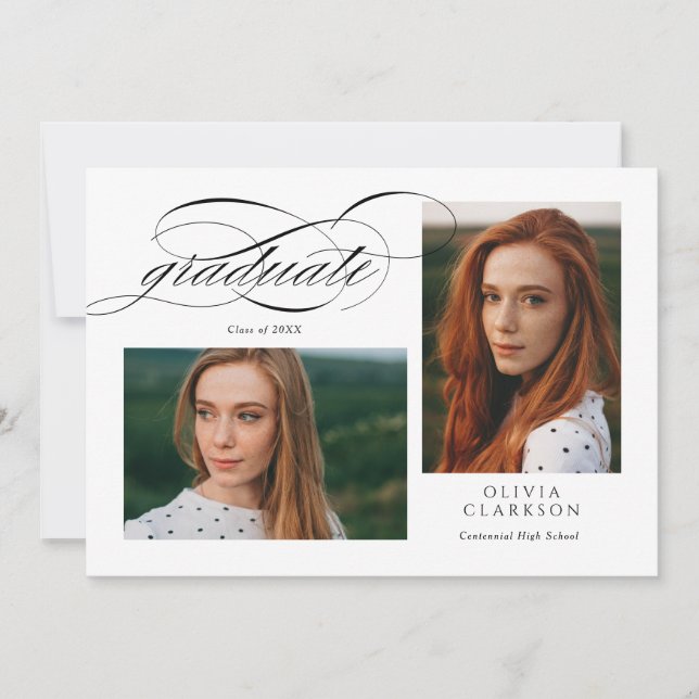 White Elegant Script 3 Photo Graduation Party Invitation (Front)