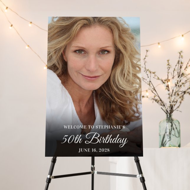 White Elegant Script 50th Birthday Photo Foam Board (In Situ (Stand))