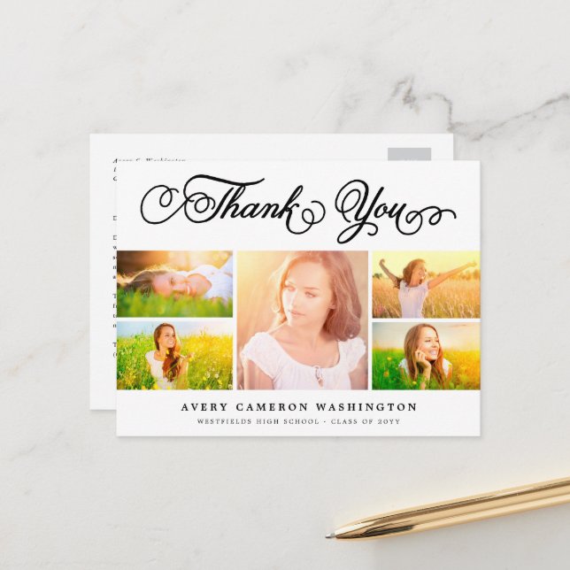 White Elegant Script 5 Photo Graduation Thank You Postcard (Front/Back In Situ)
