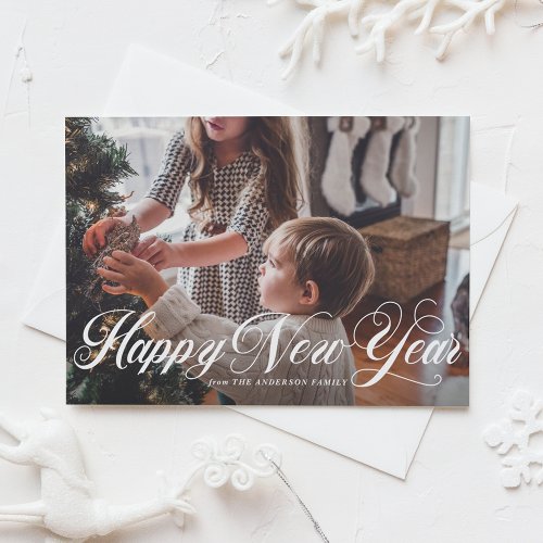 Elegant Script | Happy New Year Photo Flat Card