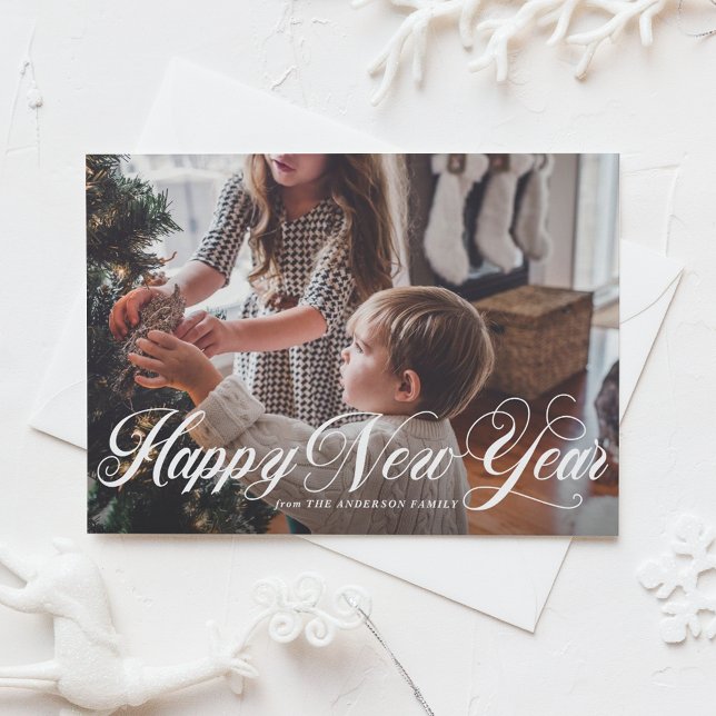 White Elegant Script Happy New Year Photo Holiday Card (White Elegant Script Happy New Year Photo Holiday Card)
