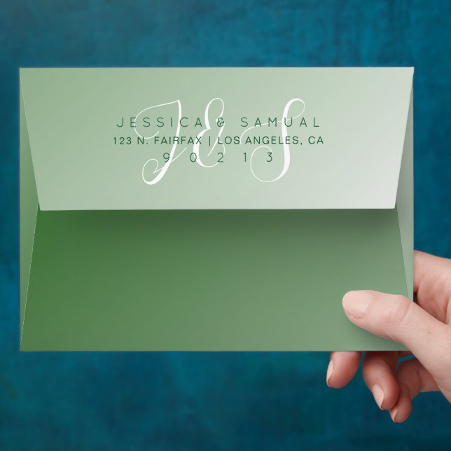 White Elegant Script Monogram on Green Ombre Envelope (Hand)