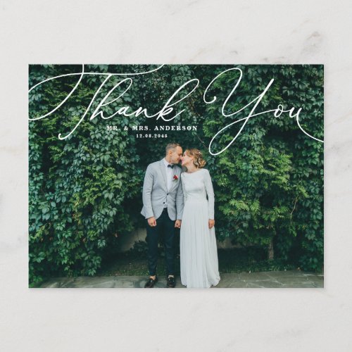 White Elegant Script Photo Wedding Thank You Postcard