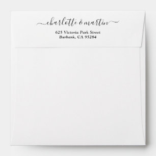 White Elegant Script Return Address Wedding Square Envelope