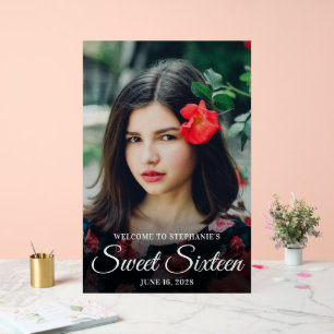 White Elegant Script Sweet Sixteen Photo Acrylic Sign