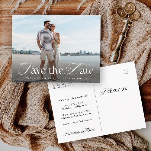 White Elegant Script Wedding Photo Save the Date Postcard