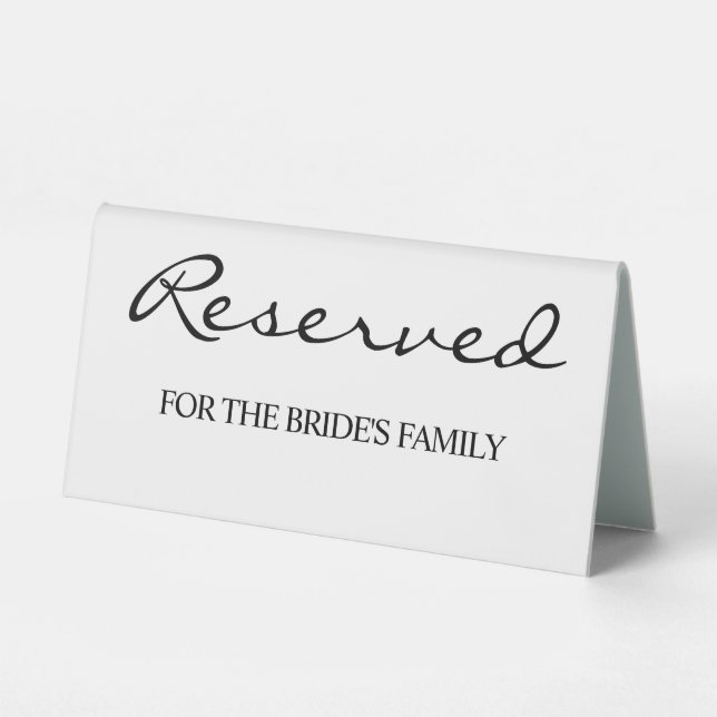 White Elegant Script Wedding Reserved  Table Tent (Front)