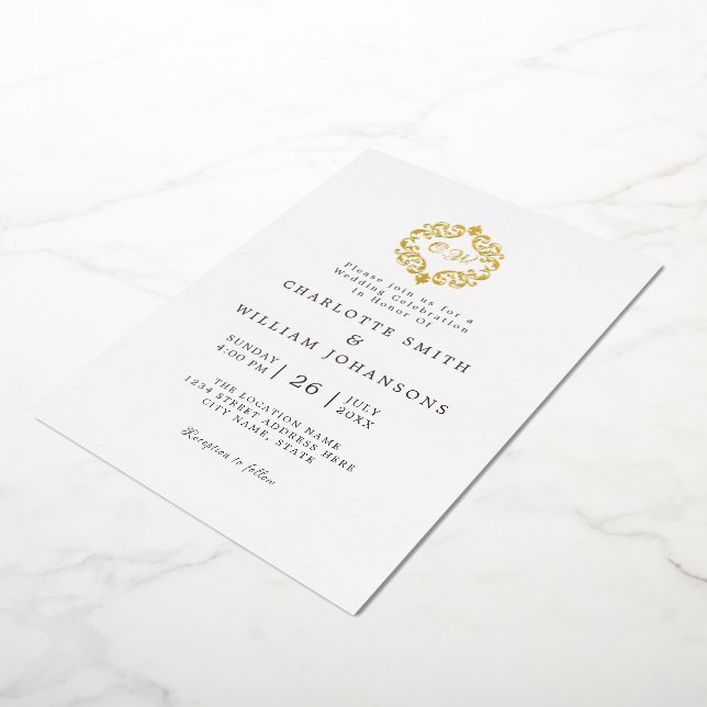 White Elegant Simple Gold Frame Initial Wedding Foil Invitation (Rotated)
