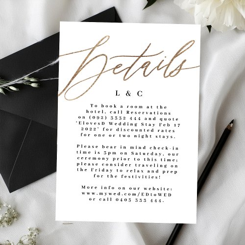 White Elegant Simple Gold Wedding Details Enclosure Card