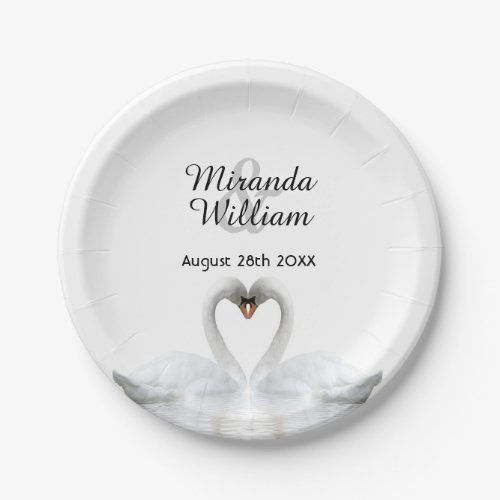 White elegant swans in love wedding paper plates