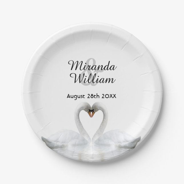 White elegant swans in love wedding paper plates (Front)