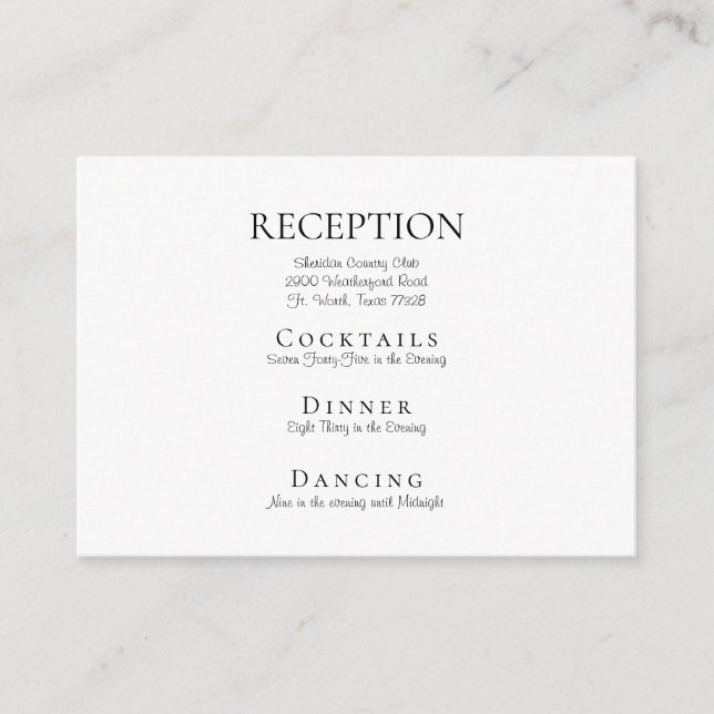 White Elegant Wedding Reception Enclosure Card (Front)