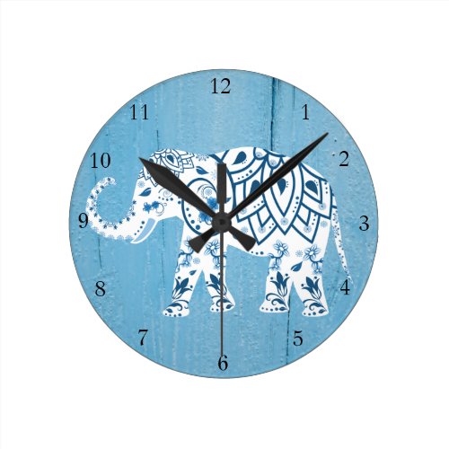 White Elephant Blue Wood Pattern Round Clock