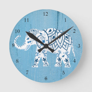 White Elephant Blue Wood Pattern Round Clock