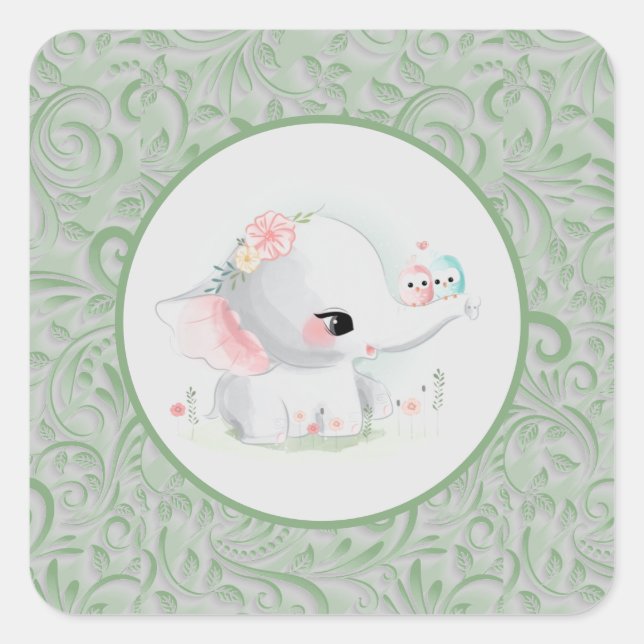 White Elephant Boy or Girl Green Cute Square Sticker (Front)