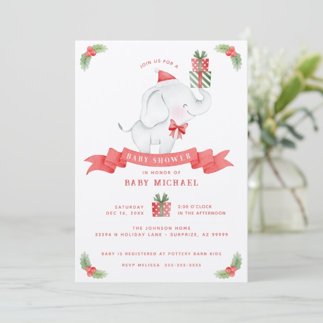 White Elephant Christmas Baby Shower Invitation (Standing Front)