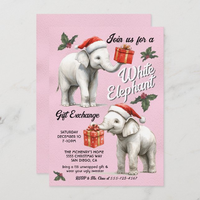 White Elephant Christmas Gift Exchange  Invitation (Front/Back)