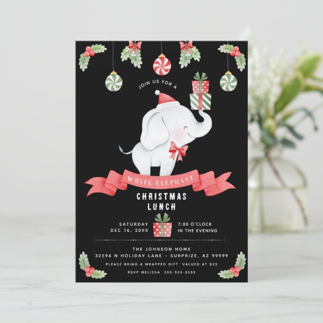 White Elephant Christmas Lunch Gift Exchange Invitation (Standing Front)