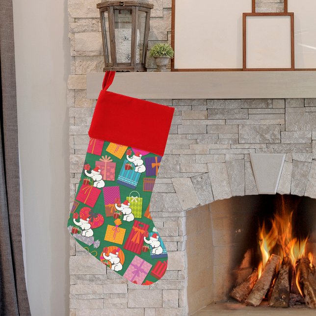White Elephant Christmas Presents Green Background Stocking (White Elephant Christmas Presents Green Background Brushed Polyester Tree Skirt)