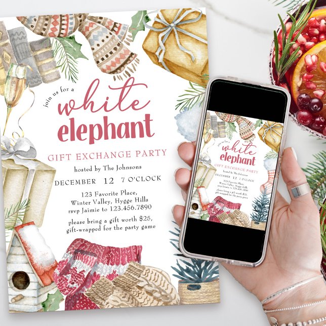 White Elephant Cozy Christmas Gift Exchange Party Invitation (White elephant gift exchange party invitation)