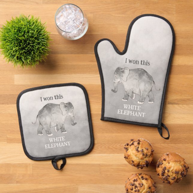 White Elephant Gag Gift Oven Mitt & Pot Holder Set (Top Down)