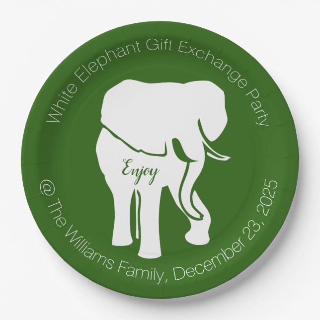White Elephant Gift Exchange Christmas Party Paper Plates (Front)