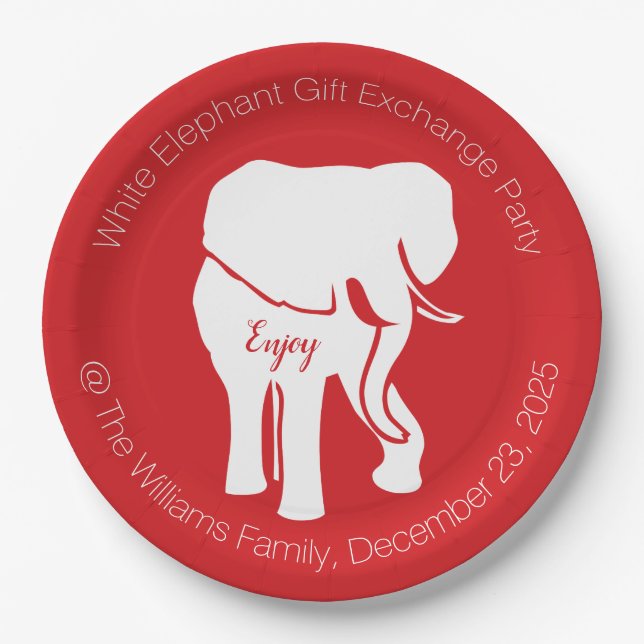 White Elephant Gift Exchange Christmas Party Paper Plates (Front)