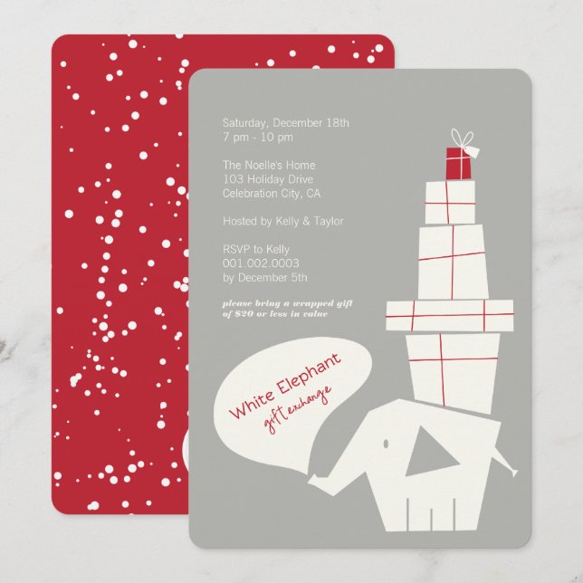 White Elephant Gift Exchange Modern Holiday Party Invitation (Front/Back)