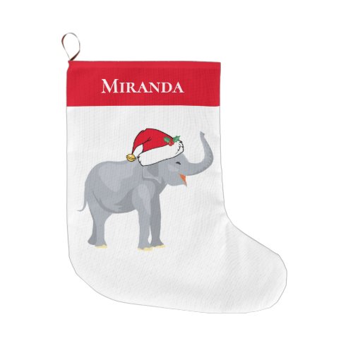 White Elephant in Santa Hat Cute Personalized Red Large Christmas Stocking