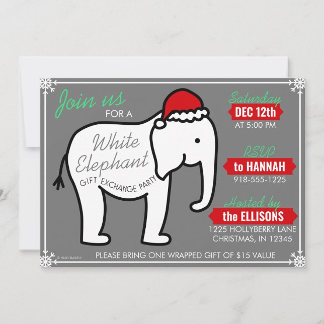 White Elephant Party Christmas (Gray) Invitation (Front)