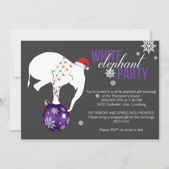 White Elephant Party Invitation | Purple/Gray (Front)