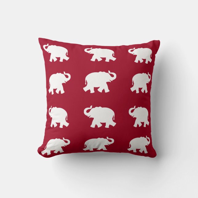 White elephant pattern on burgundy red throw pillow (Front)