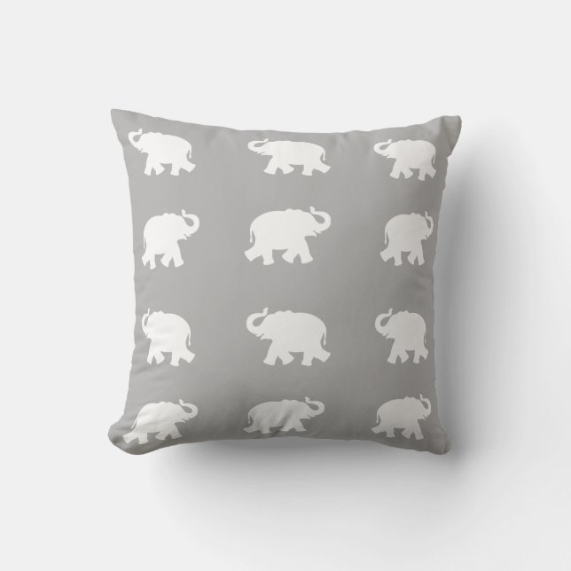 White elephant pattern on light gray throw pillow (Front)
