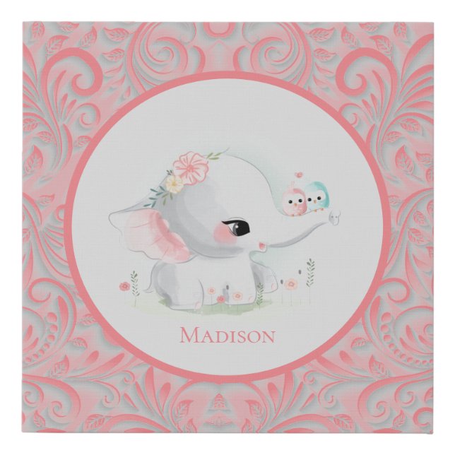 White Elephant Pink Typography Girl Faux Canvas Print (Front)