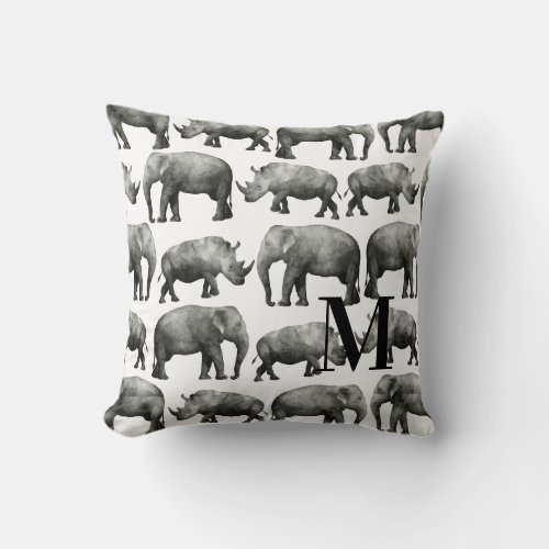 White Elephant Rhino Animal Monogram Throw Pillow