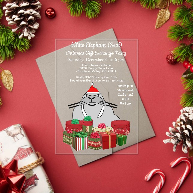 White Elephant Seal Christmas Gift Exchange Acrylic Invitations (Insitu (Holiday))
