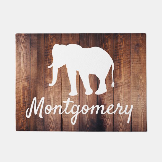 White Elephant Silhouette & Wood | Personalized Doormat (Front)