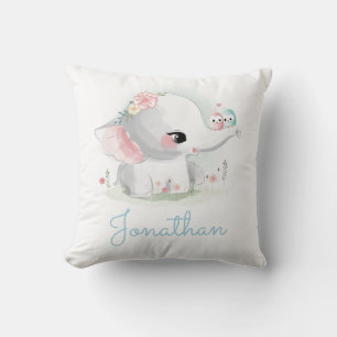 White Elephant Simple Boy Blue Nursery Throw Pillow