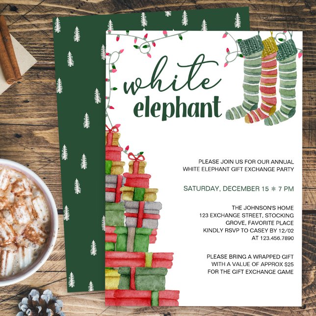 White Elephant Stockings and Presents Holiday Invitation (White Elephant Holiday Gift Exchange Party Invitation)