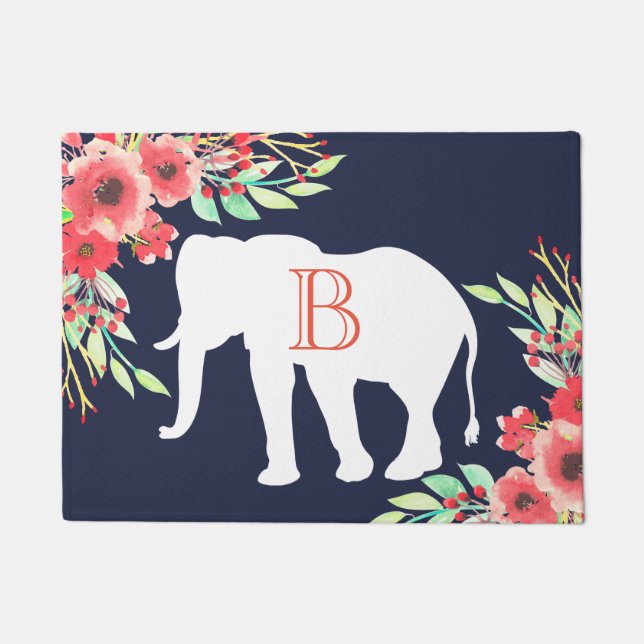 White Elephant Watercolor Flowers | Personalized Doormat (Front)