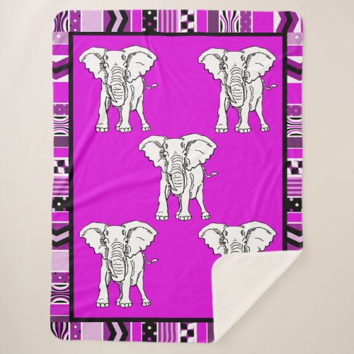 White Elephants on Purple and Black Stripes Sherpa Blanket